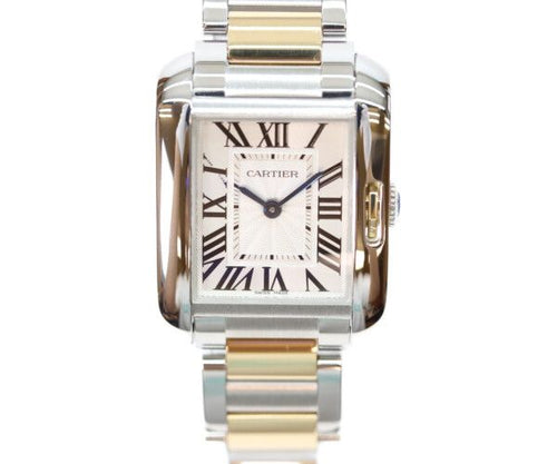 Cartier YG SS Tank en Gray SM Silver Guilloche Dial Quartz