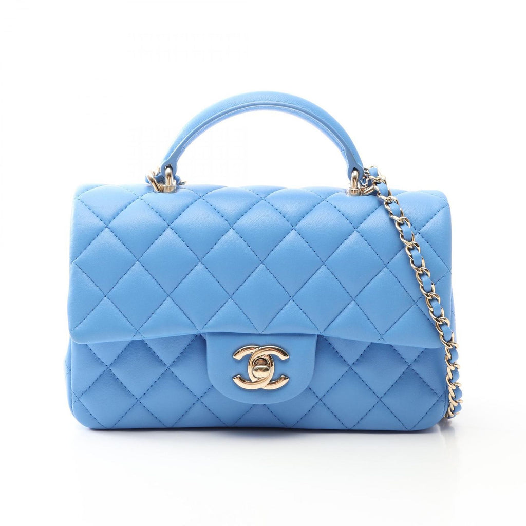 Chanel Shoulder Bag Quilted Top Handle Mini Flap 2-Way Blue Lambskin