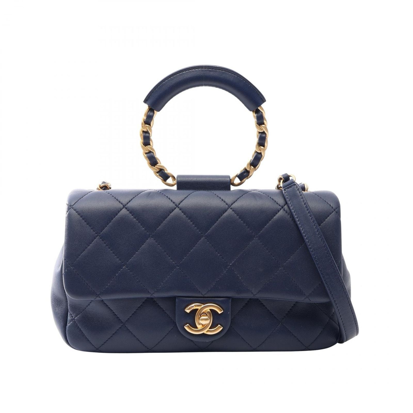 Chanel Shoulder Bag Quilted 2-Way Navy Lambskin Handle Chain