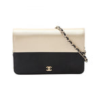 Chanel Shoulder Bag Quilted Bicolor Black Champagne Gold Leather Caviar Chain