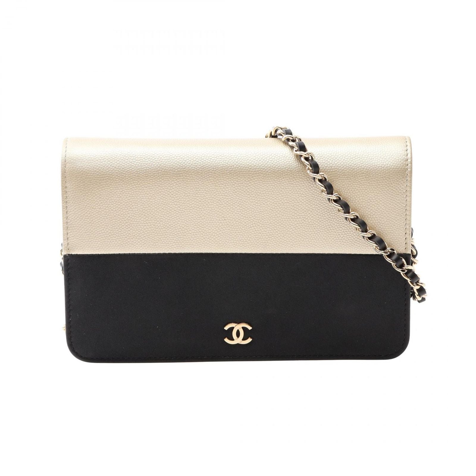 Chanel Shoulder Bag Quilted Bicolor Black Champagne Gold Leather Caviar Chain