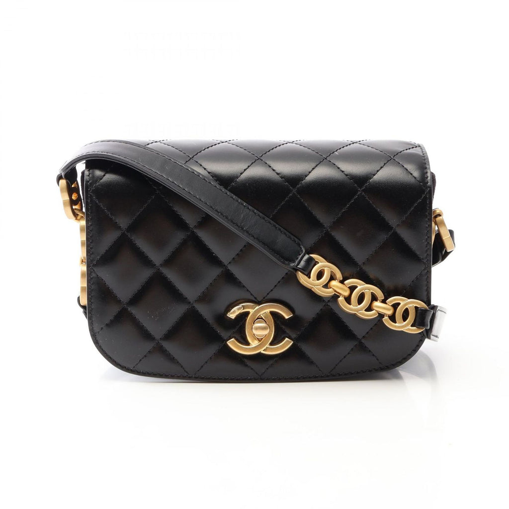 Chanel Shoulder Bag Quilted Black Leather Suede Small Chain