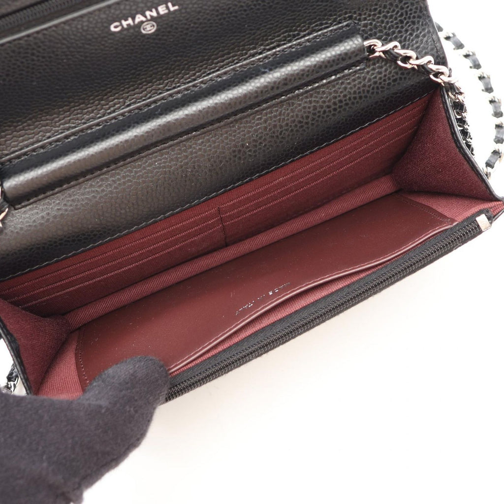 Chanel Shoulder Bag Quilted Black Caviar Leather Chain Wallet — view 3