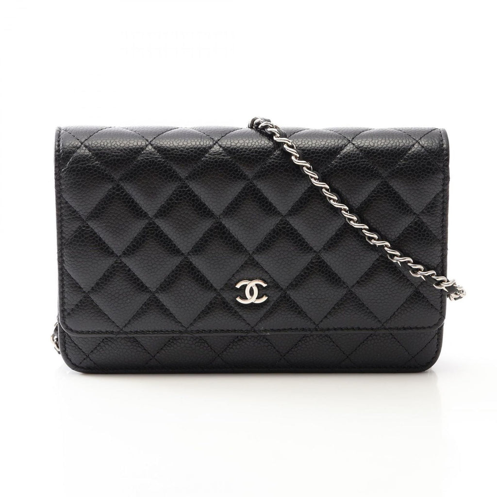 Chanel Shoulder Bag Quilted Black Caviar Leather Chain Wallet