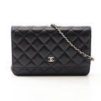 Chanel Shoulder Bag Quilted Black Caviar Leather Chain Wallet