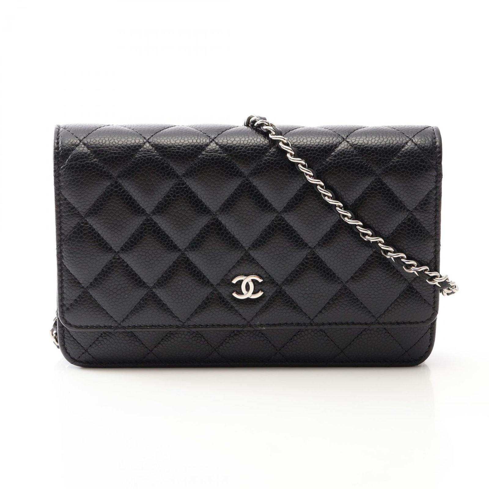 Chanel Shoulder Bag Quilted Black Caviar Leather Chain Wallet