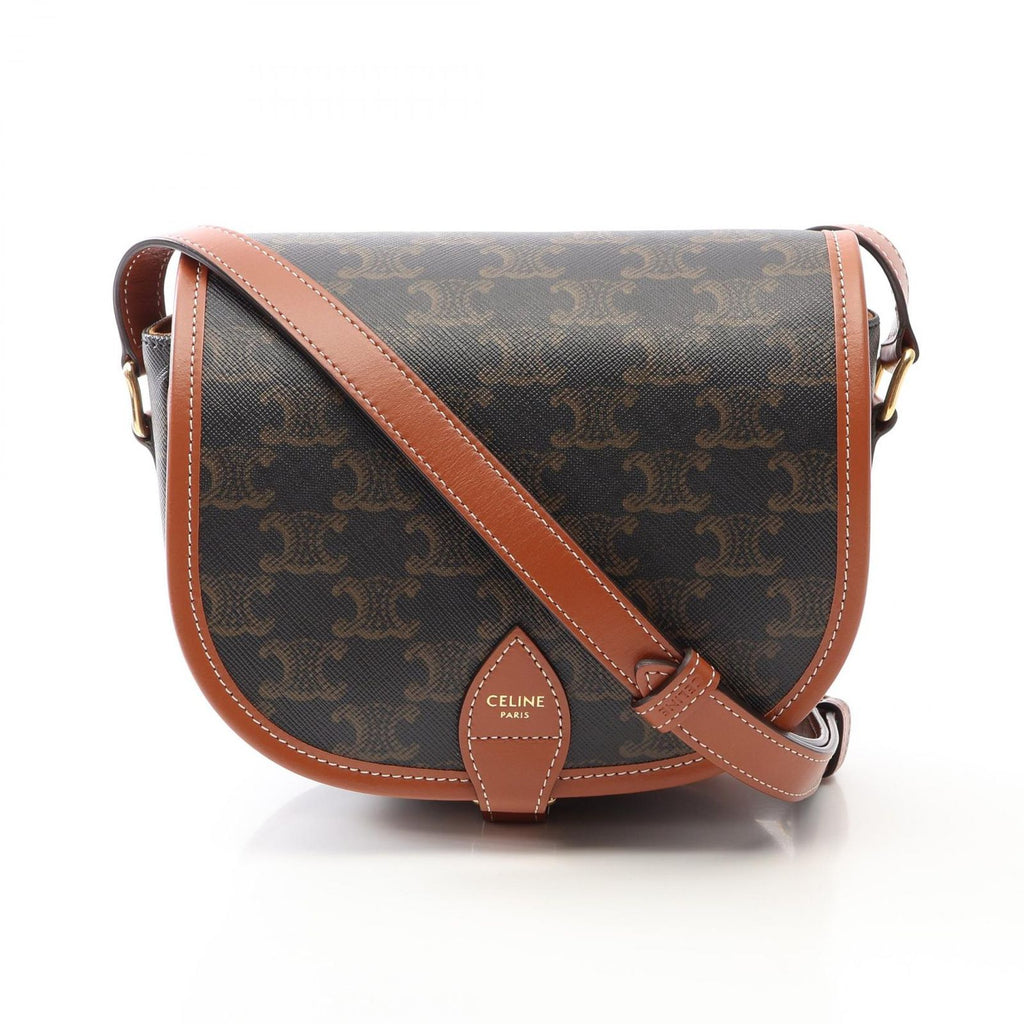 Celine Shoulder Bag Folco Triomphe Black Brown Canvas Leather