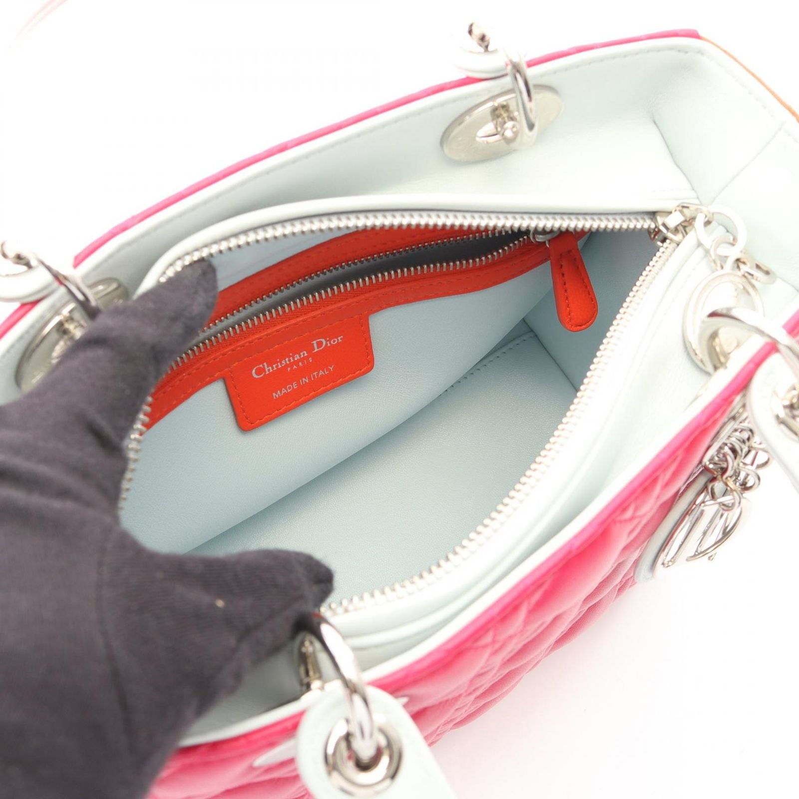 Dior Handbag Lady Dior Cannage 2-Way Magenta Orange Light Blue Leather Tote — view 3