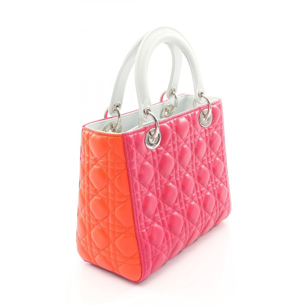 Dior Handbag Lady Dior Cannage 2-Way Magenta Orange Light Blue Leather Tote — view 2