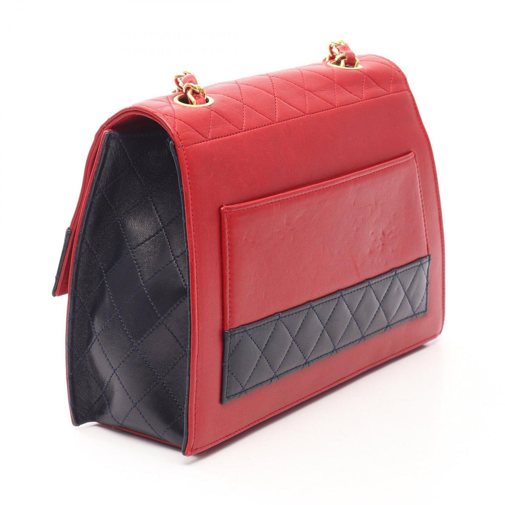 Chanel Shoulder Bag Quilted Bicolor Turnlock Red Navy Lambskin Chain — view 2