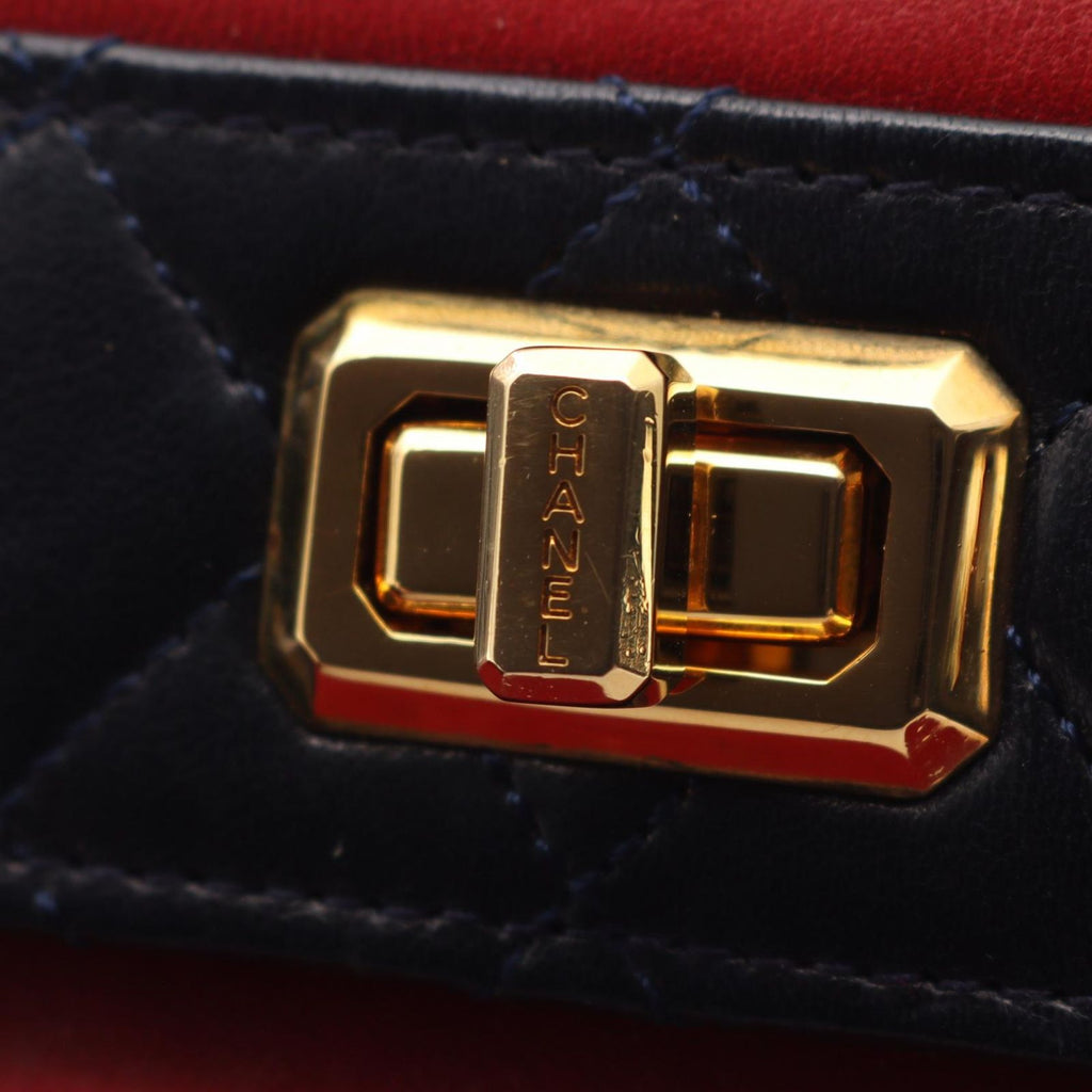 Chanel Shoulder Bag Quilted Bicolor Turnlock Red Navy Lambskin Chain — view 9