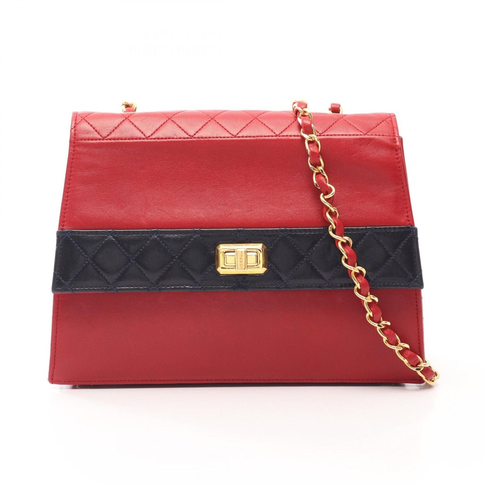 Chanel Shoulder Bag Quilted Bicolor Turnlock Red Navy Lambskin Chain