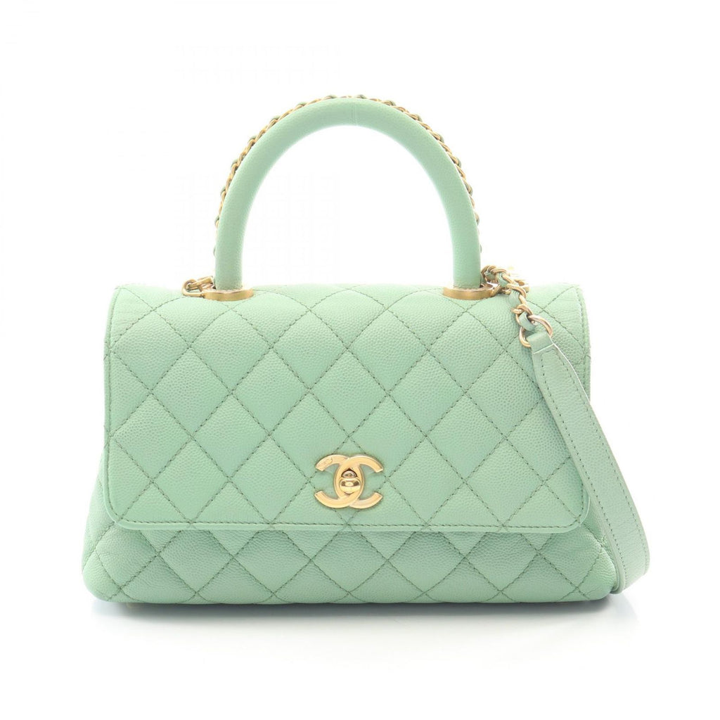 Chanel Handbag Coco Handle Flap Quilted 2-Way Mint Green Caviar Leather Chain