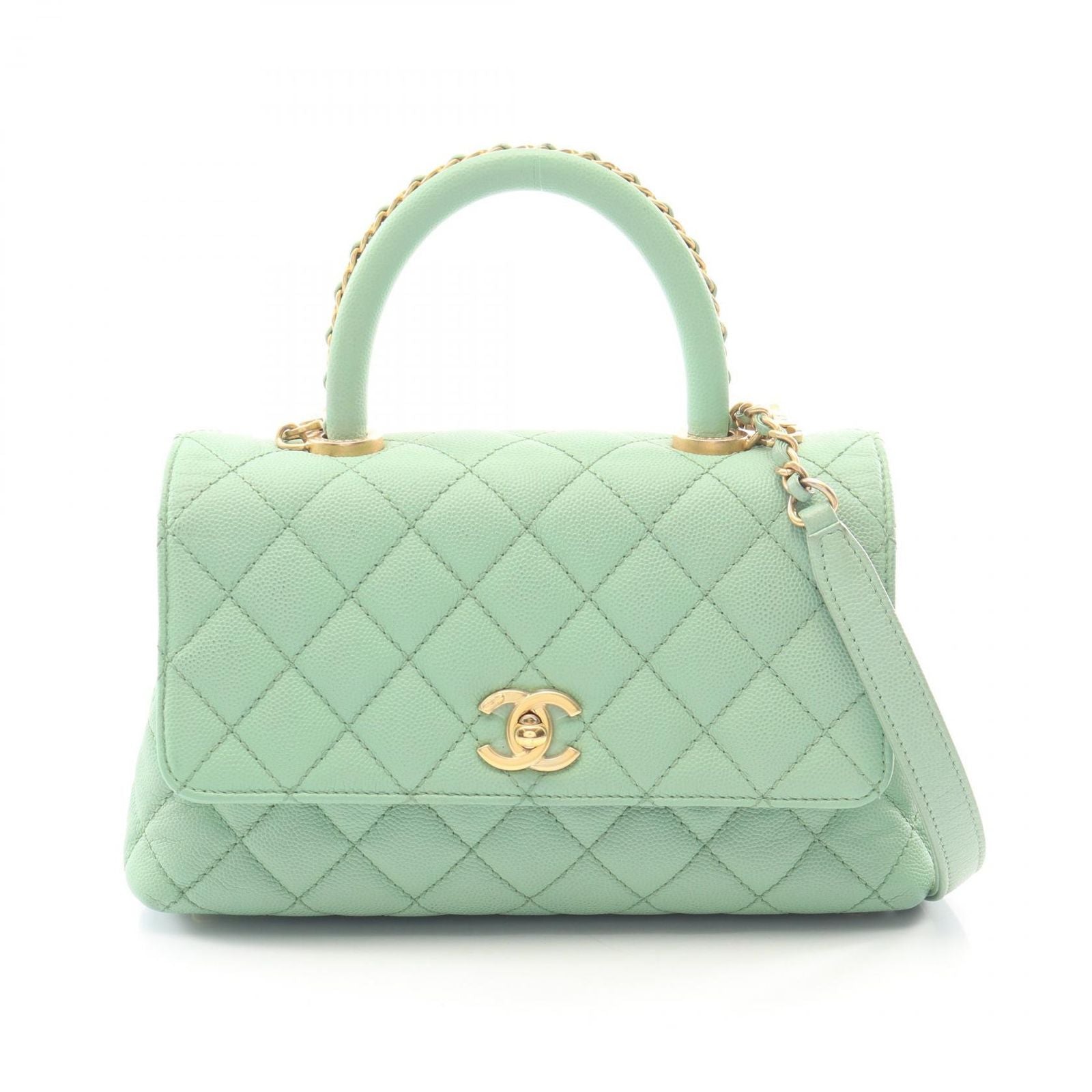 Chanel Handbag Coco Handle Flap Quilted 2-Way Mint Green Caviar Leather Chain