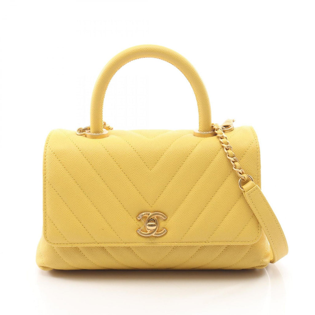 Chanel Handbag Coco Handle Flap Stitch 2-Way Yellow Caviar Leather Chain