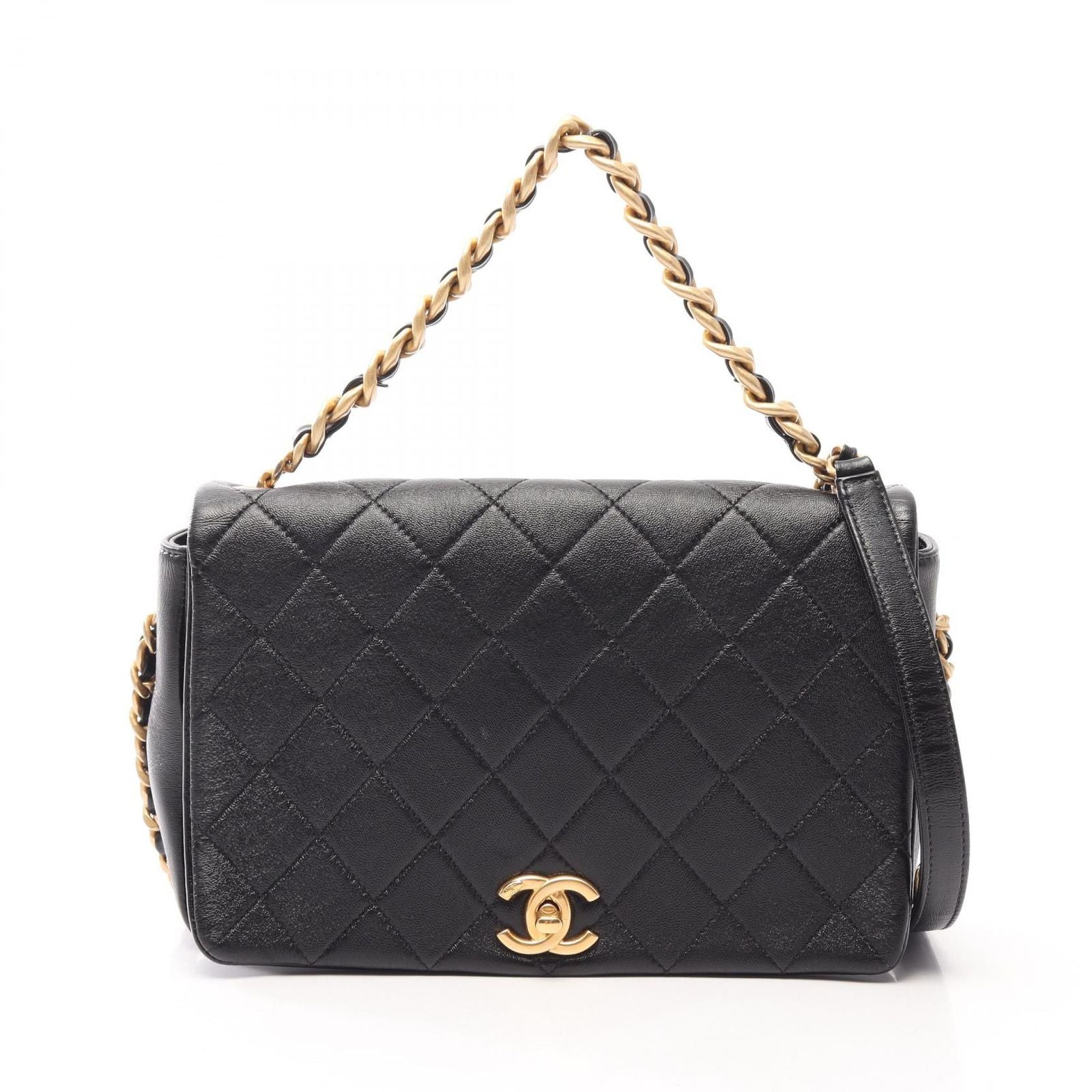 Chanel Shoulder Bag Quilted 2-Way Black Leather Full Flap Chain