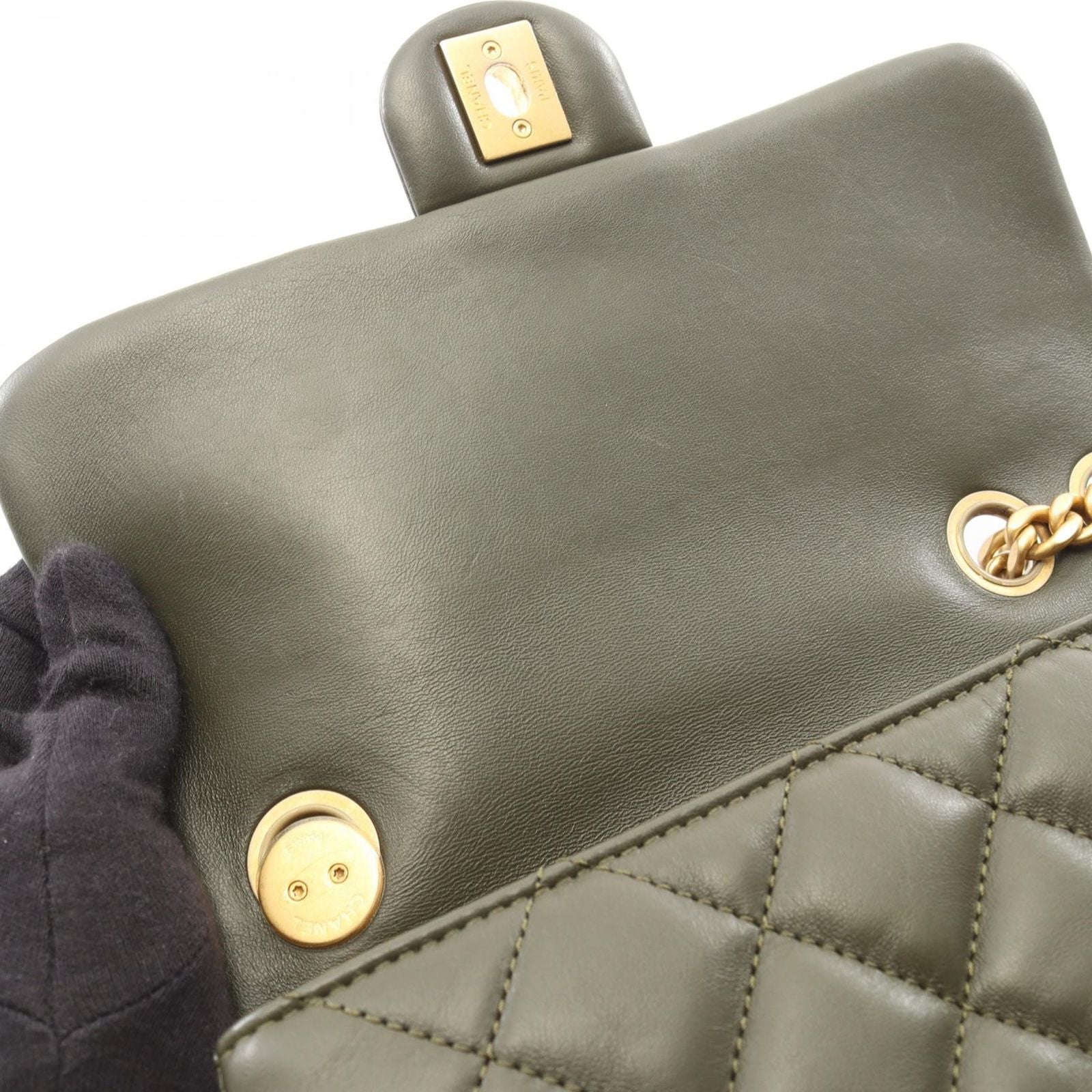 Chanel Shoulder Bag Quilted Dark Khaki Lambskin Small Flap Chain — view 9