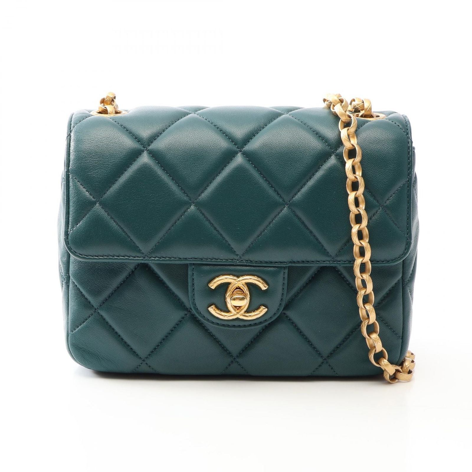 Chanel Shoulder Bag Quilted Green Lambskin Small Flap Chain