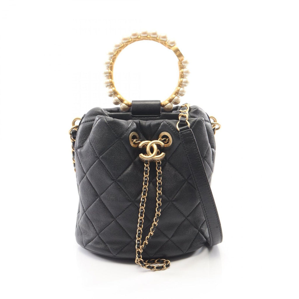 Chanel Shoulder Bag Quilted 2-Way Black Leather Pearl Handle