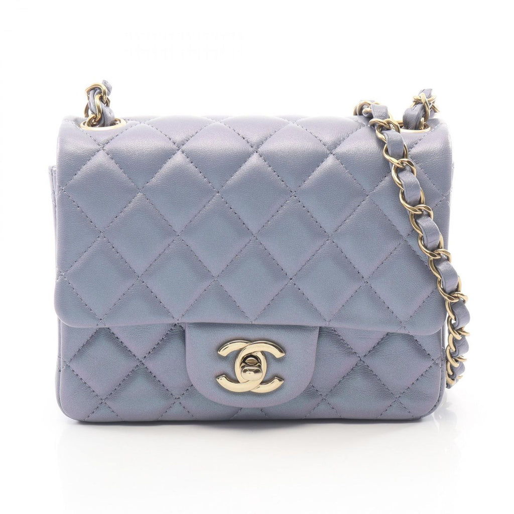 Chanel Shoulder Bag Mini Quilted Metallic Blue Gray Lambskin Chain