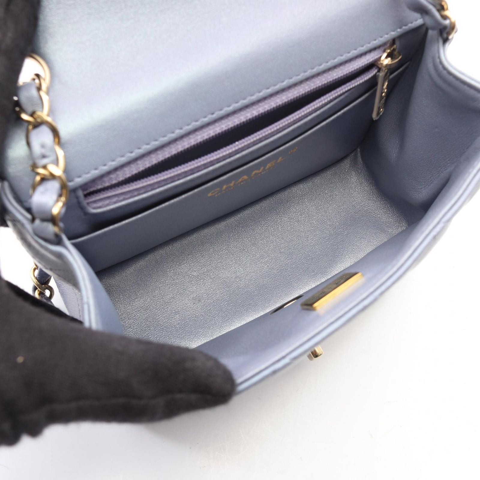Chanel Shoulder Bag Mini Quilted Metallic Blue Gray Lambskin Chain — view 3