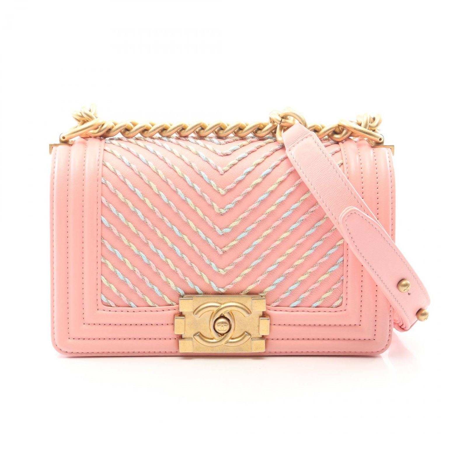 Chanel Shoulder Bag Boy Small Pink Rainbow Leather Boy Stitch Chain