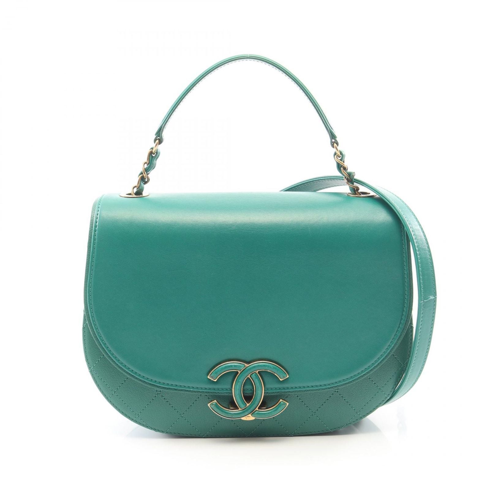 Chanel Shoulder Bag Quilted 2-Way Green Leather Round Flap Chain