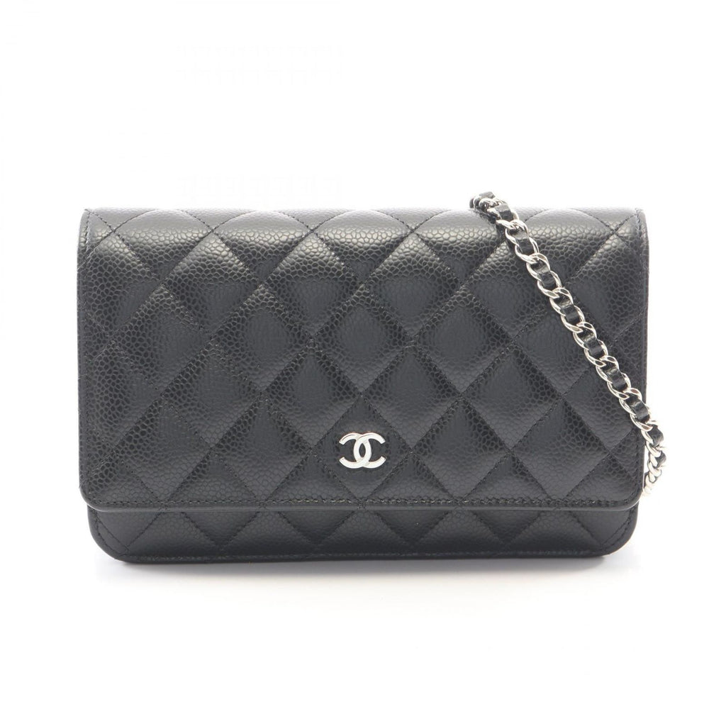 Chanel Shoulder Bag Quilted Black Caviar Leather Chain Wallet