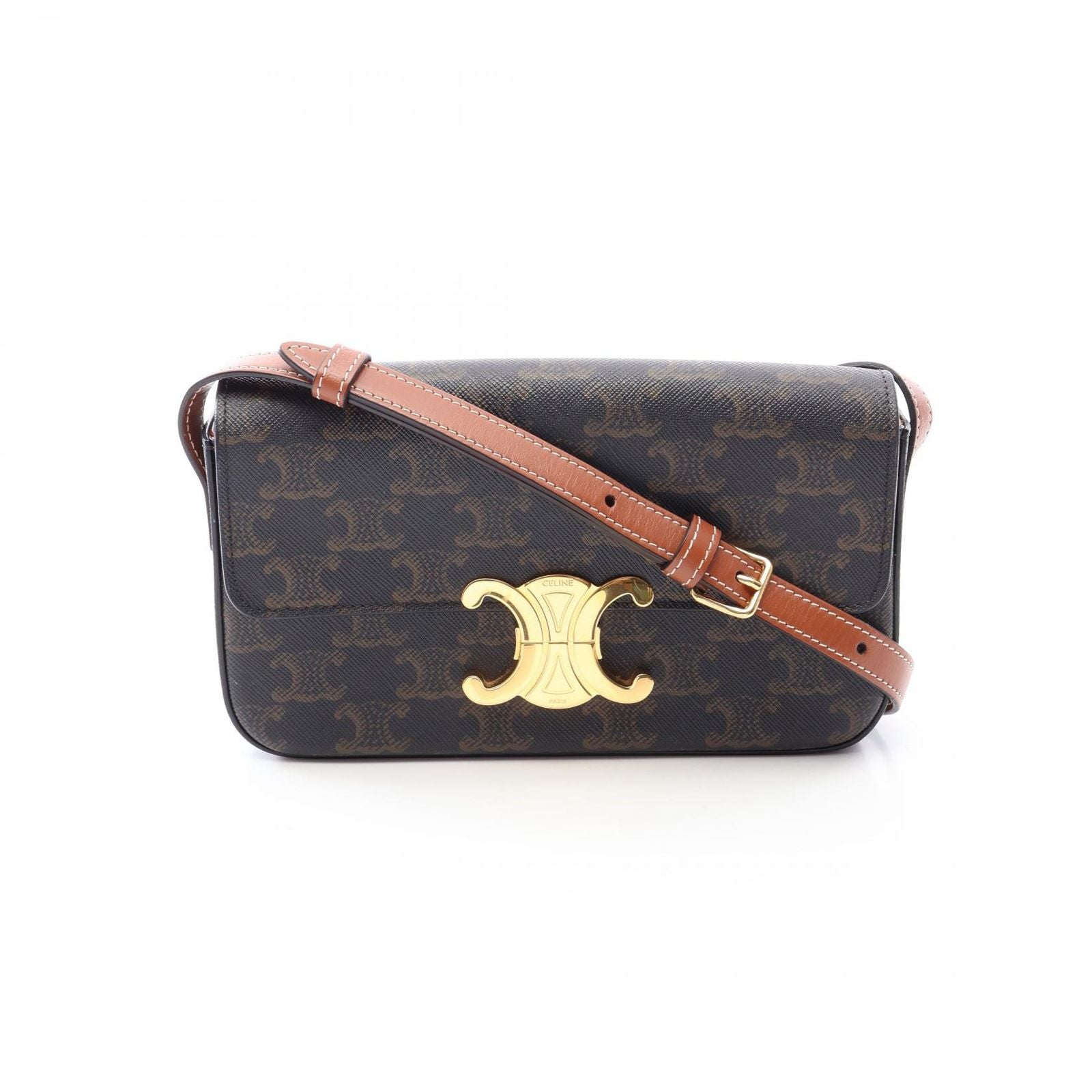 Celine Shoulder Bag Claude Triomphe Dark Brown Canvas Leather