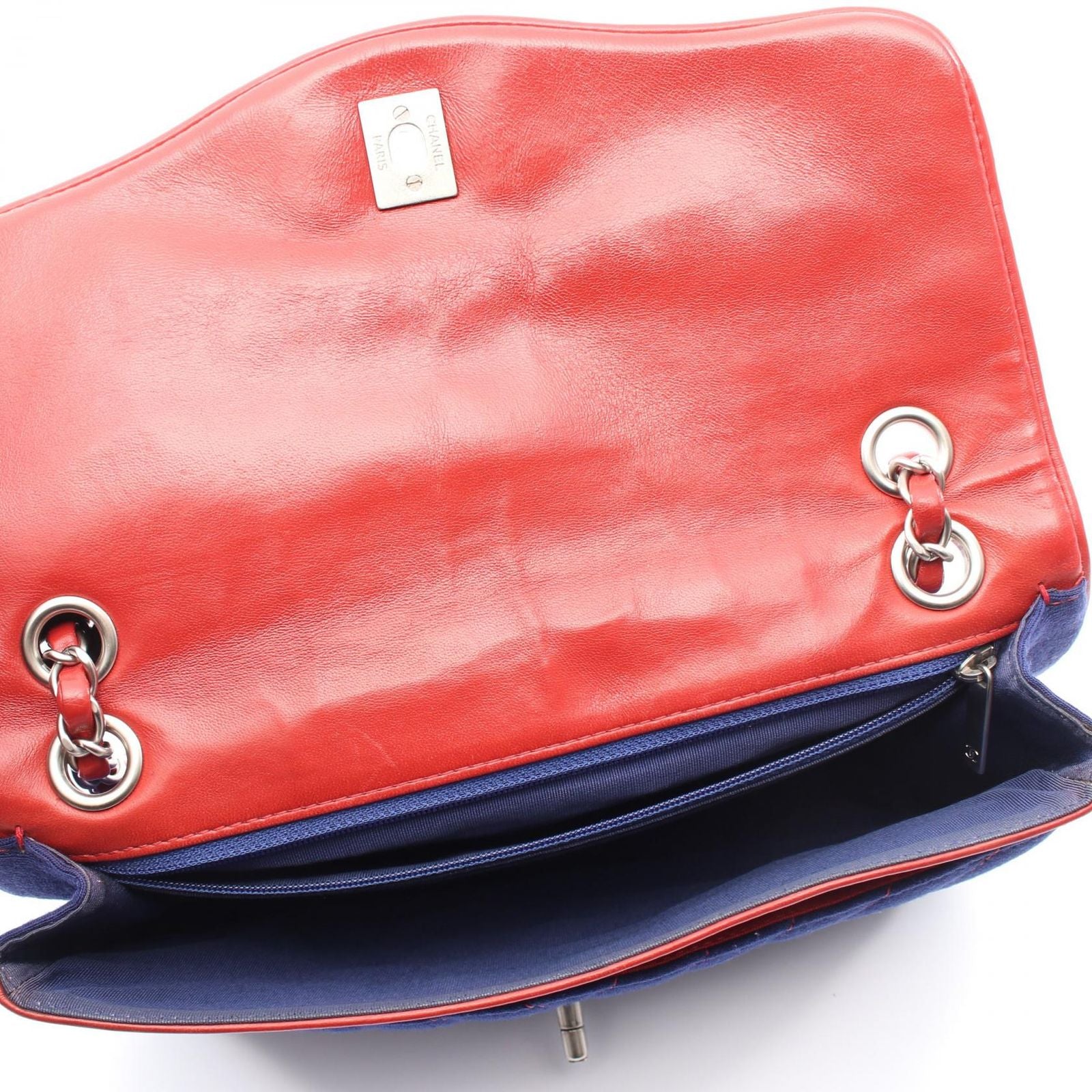 Chanel Shoulder Bag Blanc Stitch Lion Navy Red Leather Double Chain — view 8
