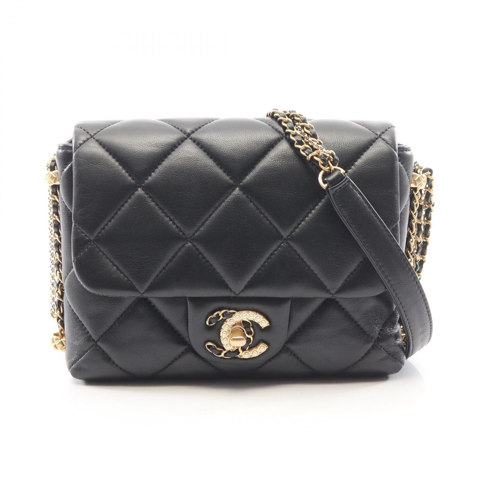Chanel Shoulder Bag Quilted Small Flap Chain Black Lambskin