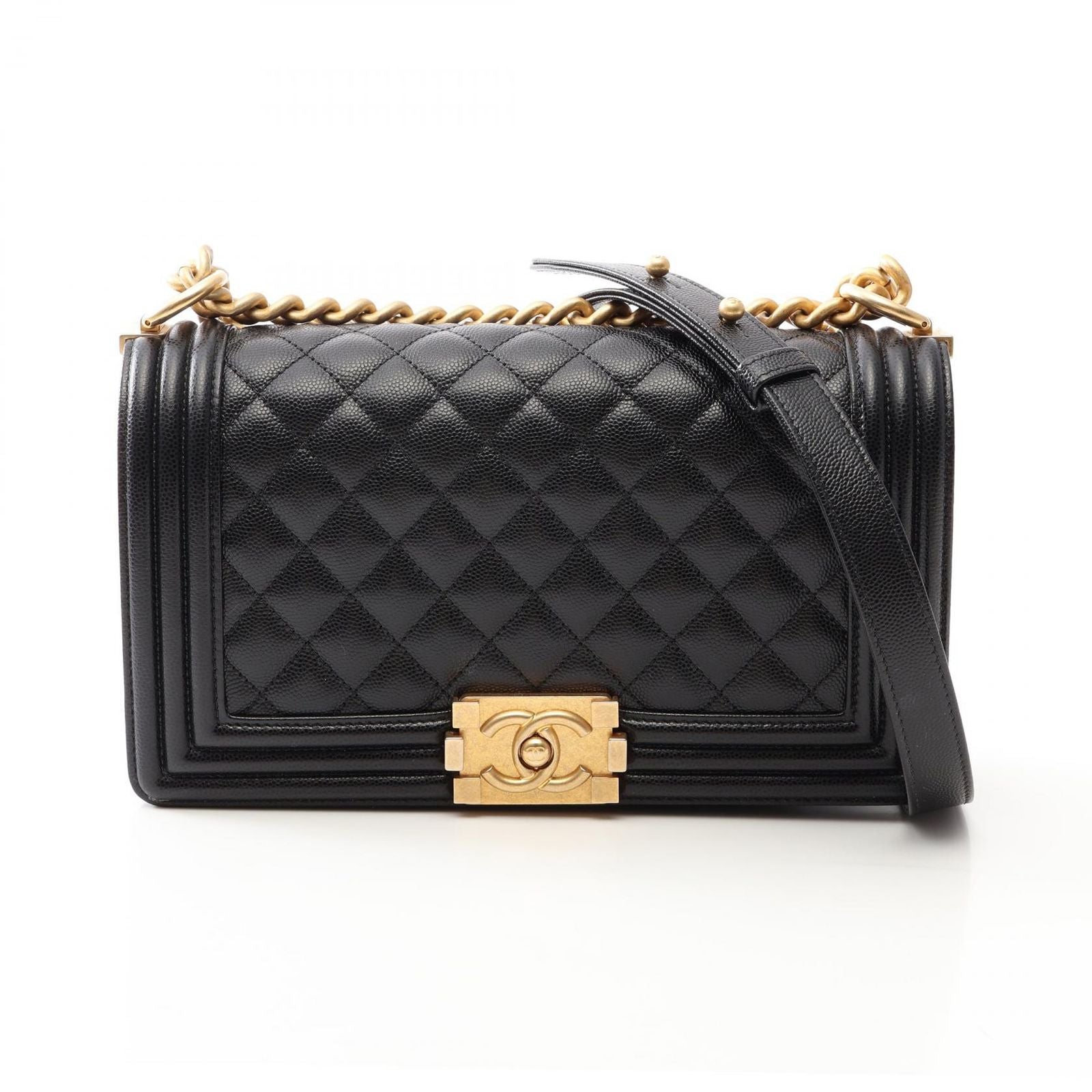 Chanel Shoulder Bag Boy Black Caviar Leather Boy Chain