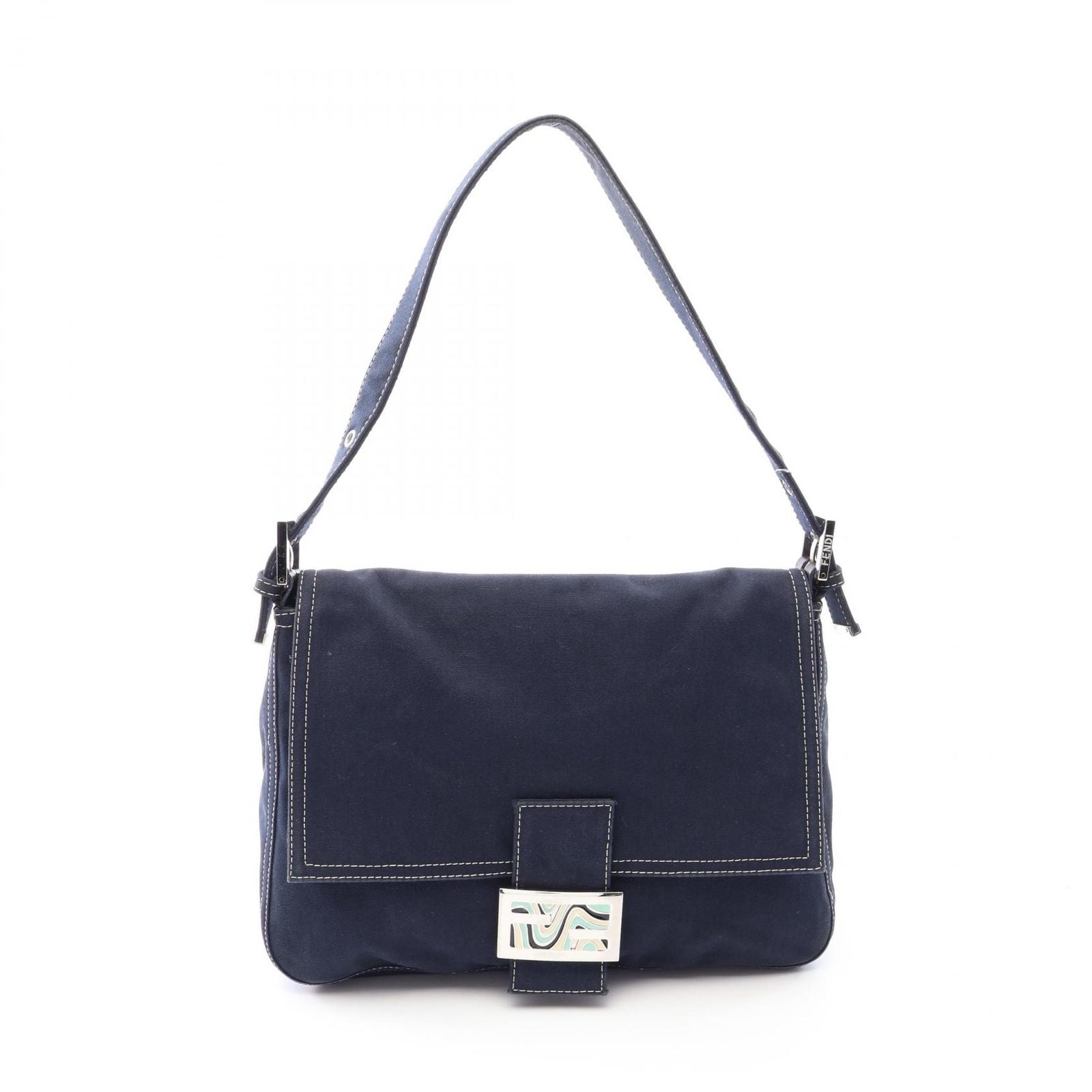 Fendi Shoulder Bag Mamma Bucket Navy Canvas Leather