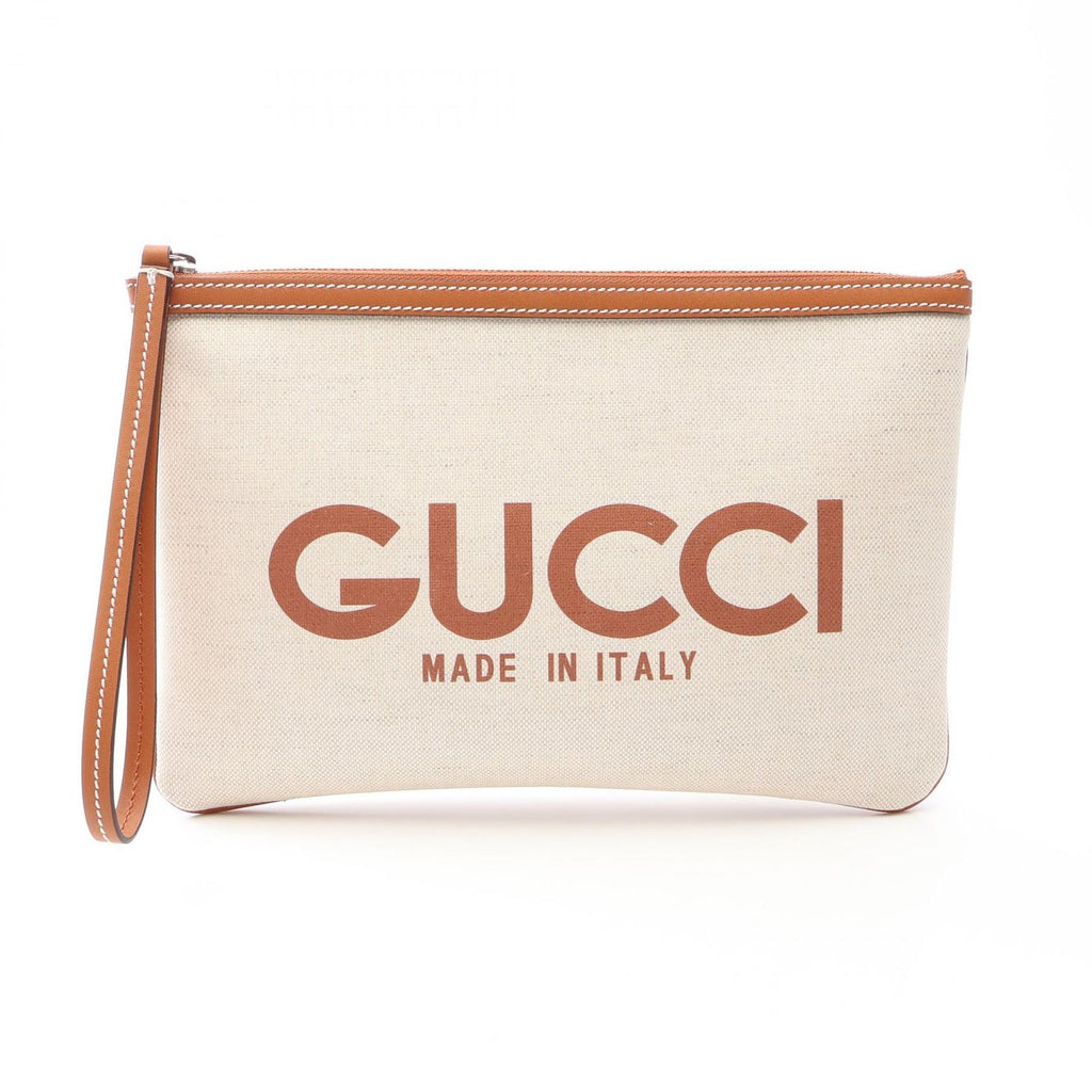 Gucci Clutch Logo Beige Brown Canvas Leather
