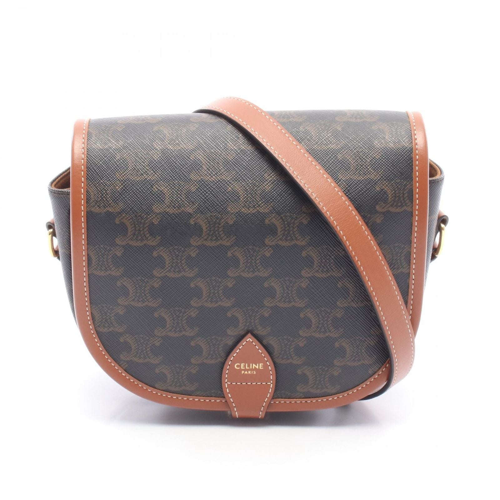 Celine Shoulder Bag Folco Triomphe Dark Brown Canvas Leather Falco