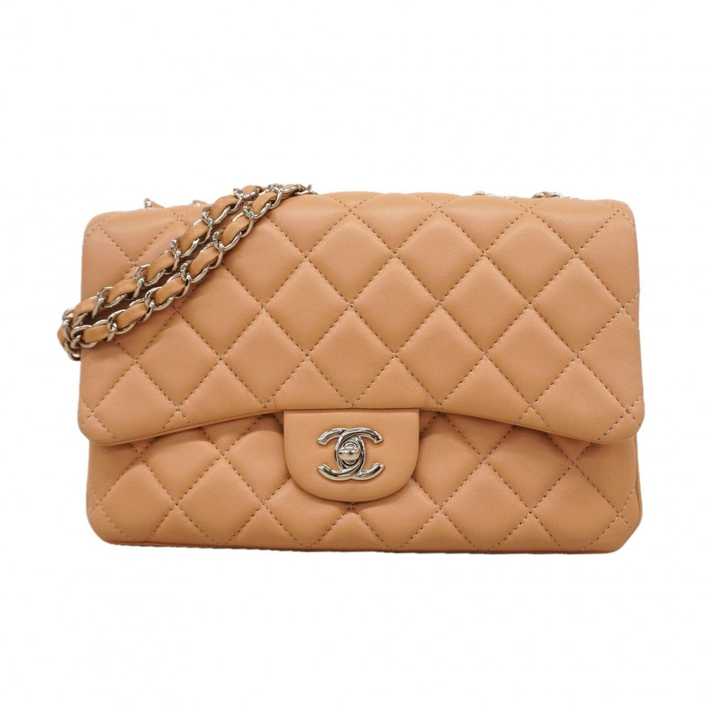 Chanel Shoulder Bag Quilted Lambskin Beige Silver