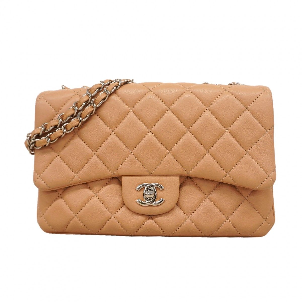 Chanel Shoulder Bag Quilted Lambskin Beige Silver