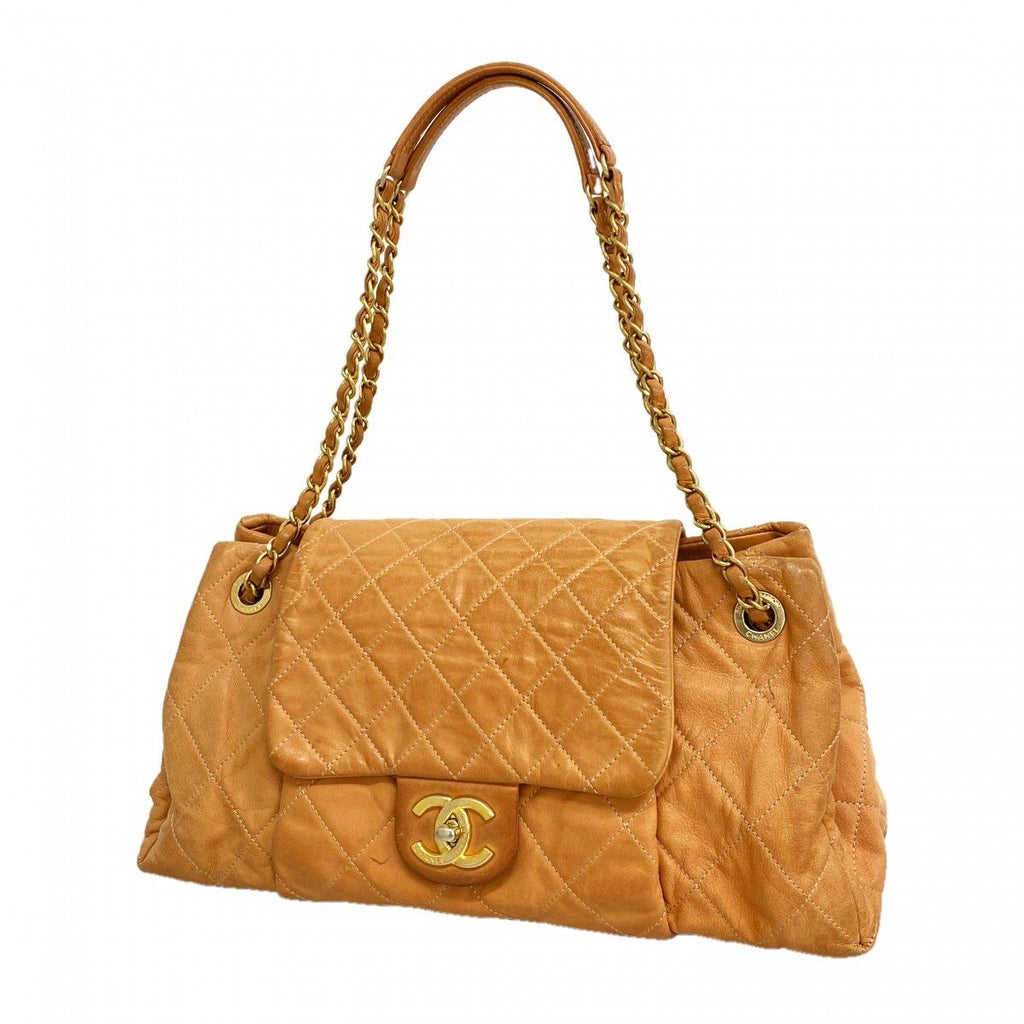 Chanel Shoulder Bag Quilted Leather Orange Gold