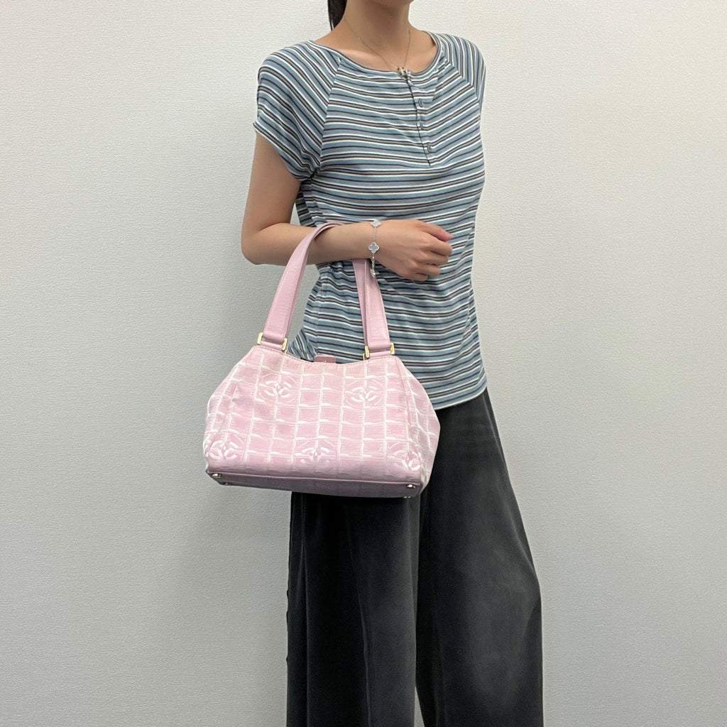 Chanel New Travel Line CC Logo Handbag Nylon Leather Pink Gold Vintage