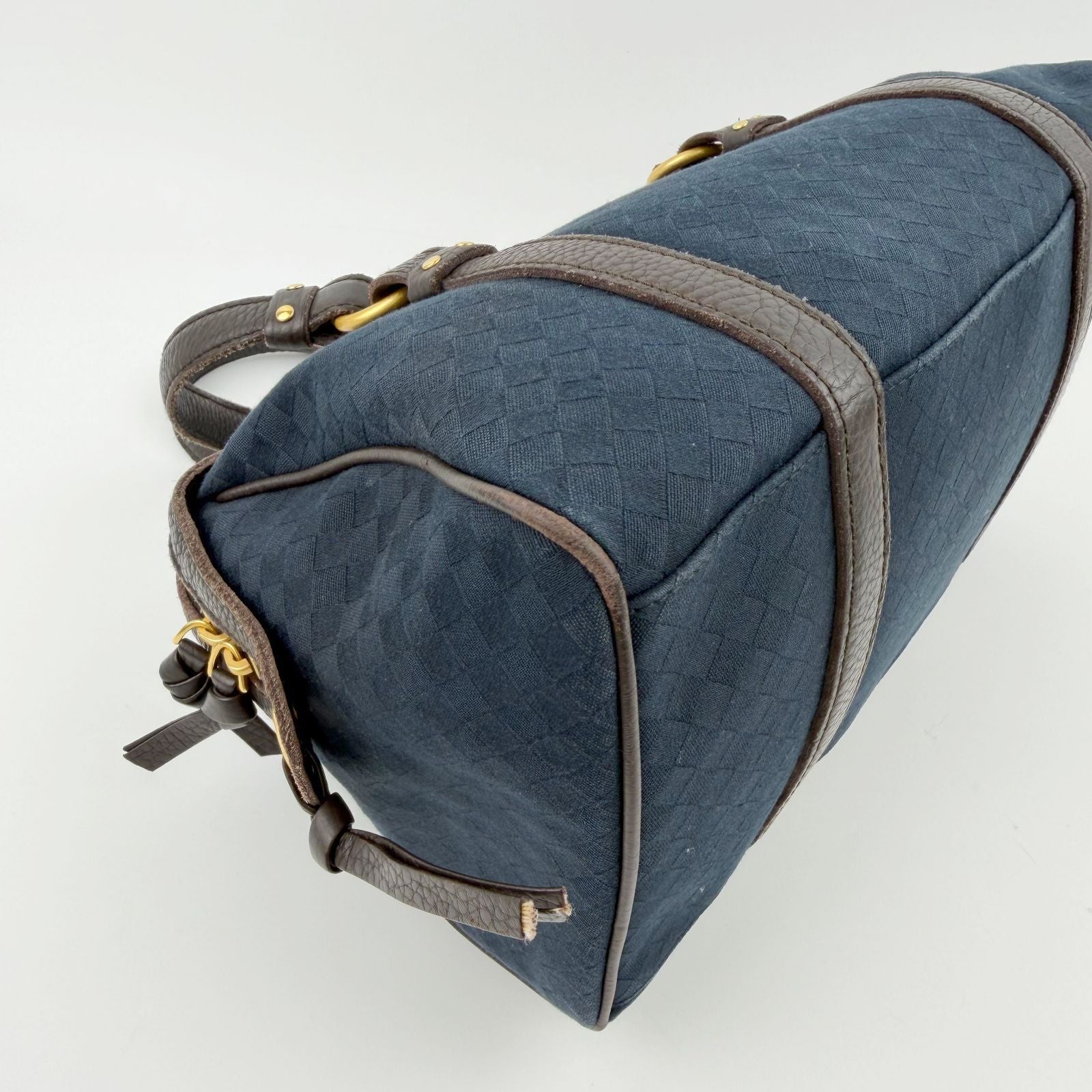 Bottega Veneta Intrecciato Mini Boston Handbag Canvas Leather Blue Brown Gold — view 9