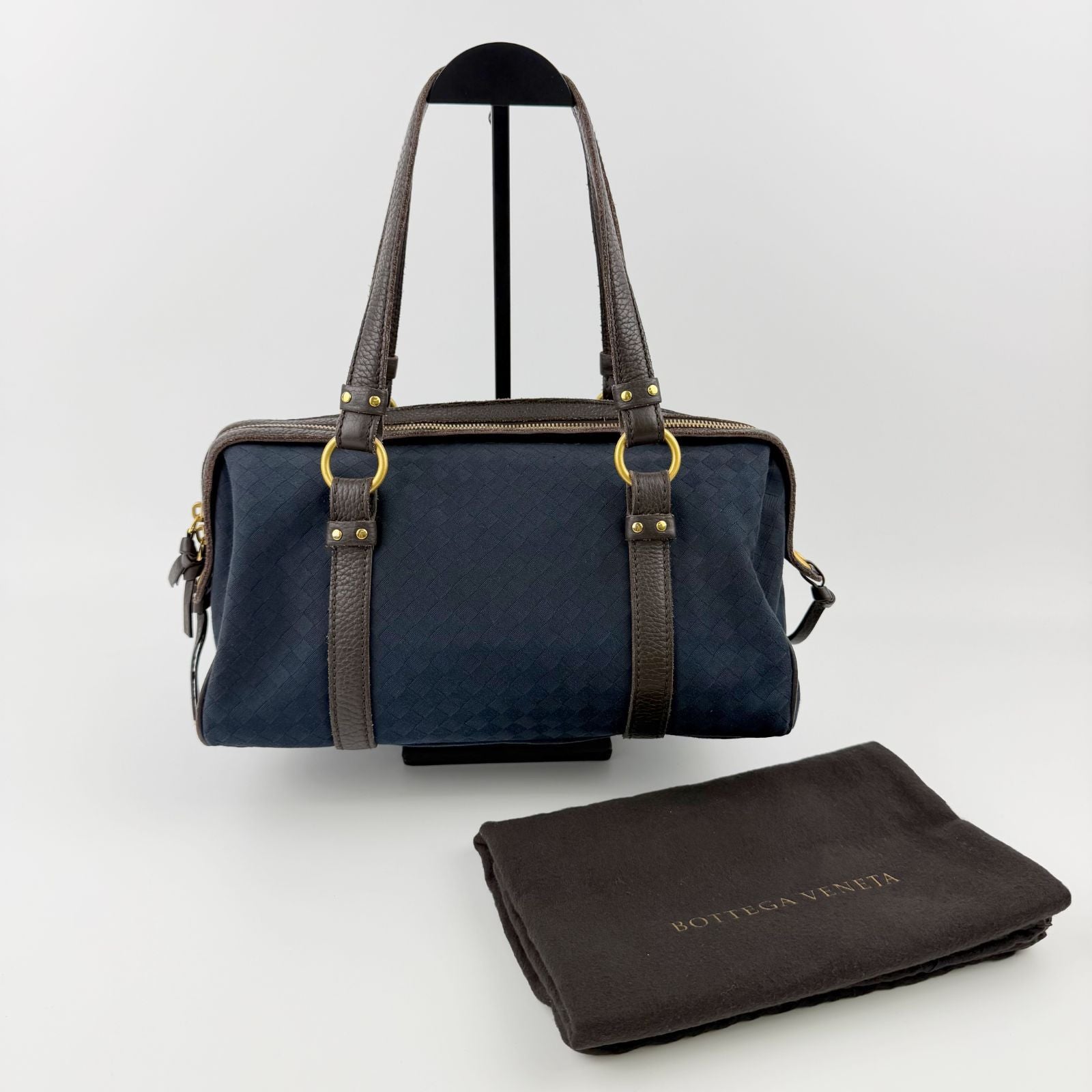Bottega Veneta Intrecciato Mini Boston Handbag Canvas Leather Blue Brown Gold — view 2
