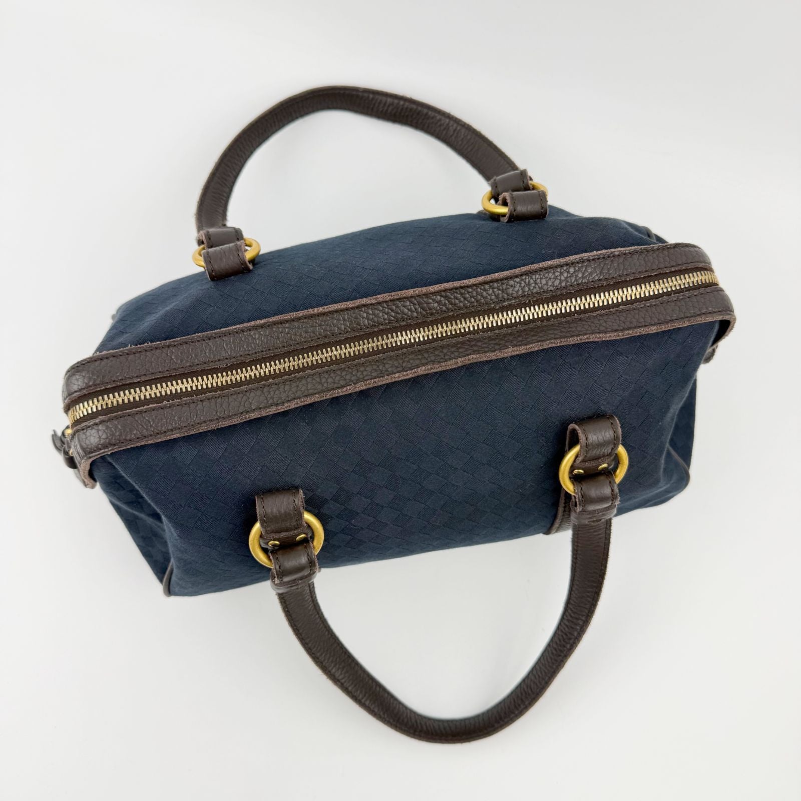 Bottega Veneta Intrecciato Mini Boston Handbag Canvas Leather Blue Brown Gold — view 7