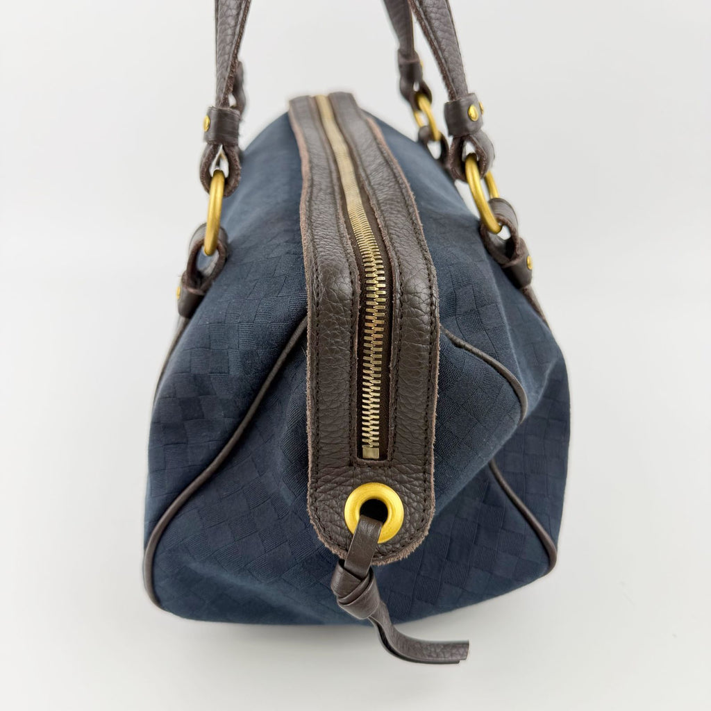Bottega Veneta Intrecciato Mini Boston Handbag Canvas Leather Blue Brown Gold — view 5