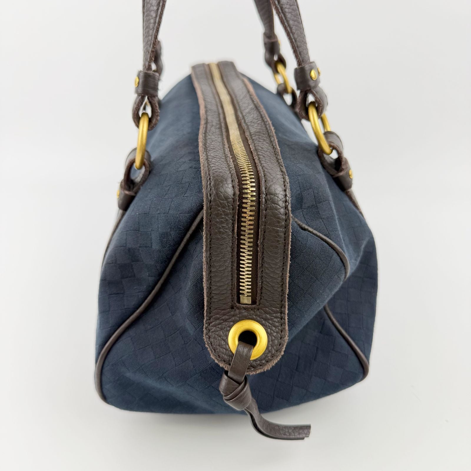Bottega Veneta Intrecciato Mini Boston Handbag Canvas Leather Blue Brown Gold — view 5