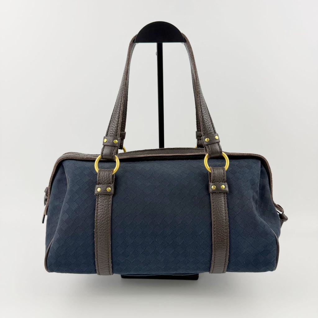 Bottega Veneta Intrecciato Mini Boston Handbag Canvas Leather Blue Brown Gold — view 3