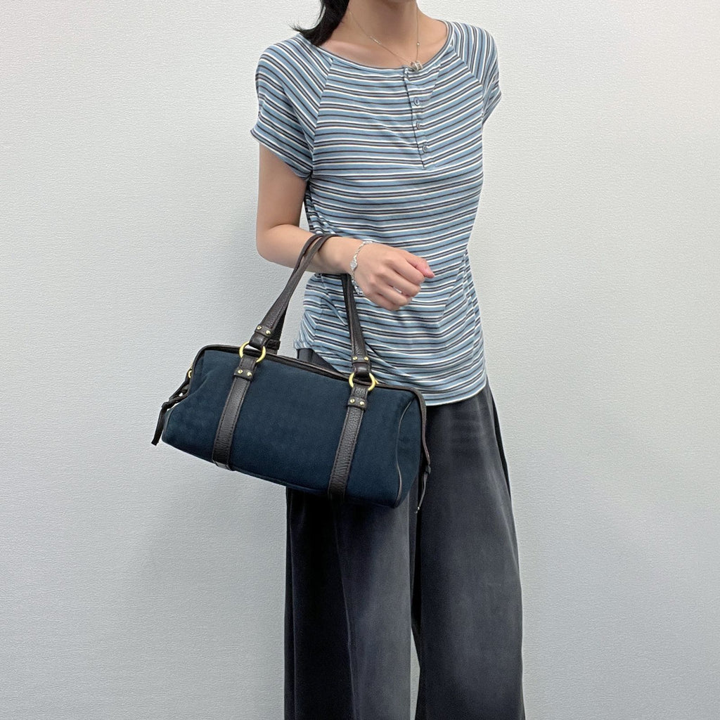 Bottega Veneta Intrecciato Mini Boston Handbag Canvas Leather Blue Brown Gold