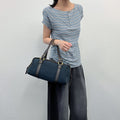 Bottega Veneta Intrecciato Mini Boston Handbag Canvas Leather Blue Brown Gold