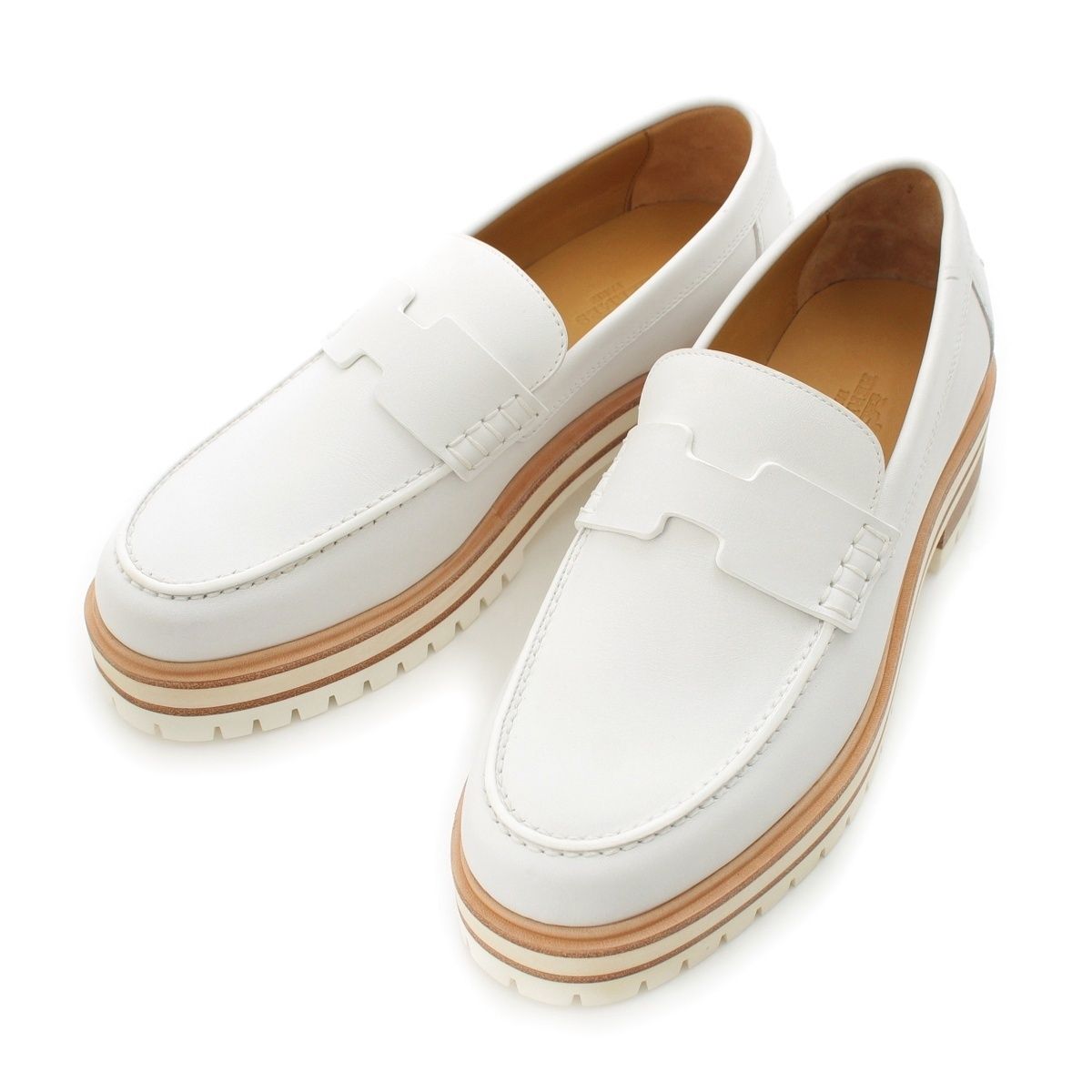 Hermes Leather Moccasins Ivy Loafers Shoes Sold White
