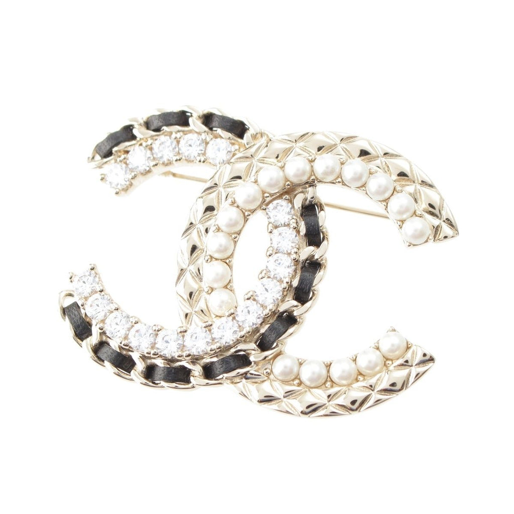 Chanel CC Logo Pearl Rhinestone Brooch Gold