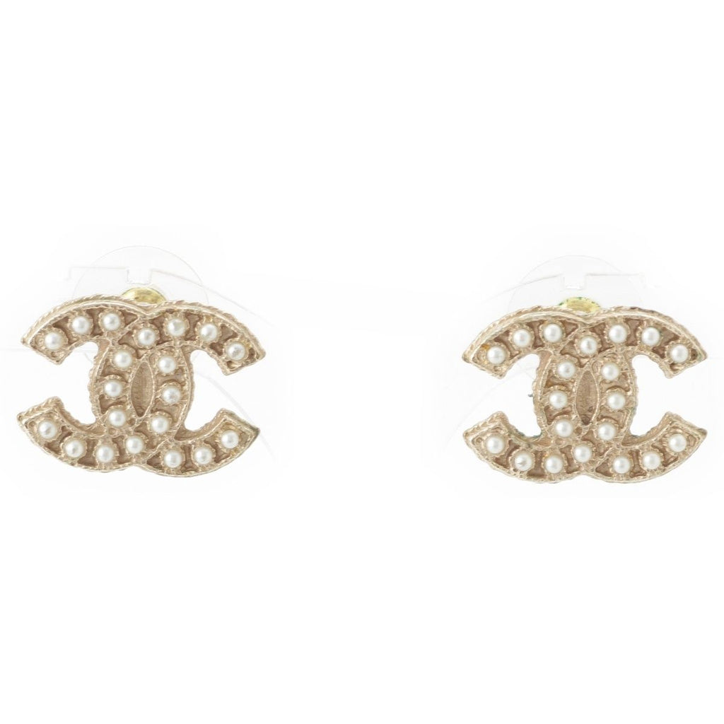 Chanel CC Logo Pearl Earrings Champagne Gold